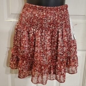 AQUA Smocked Floral Print Skirt Women's L Ruffled Elastic Pull On NWT #redt3sec2